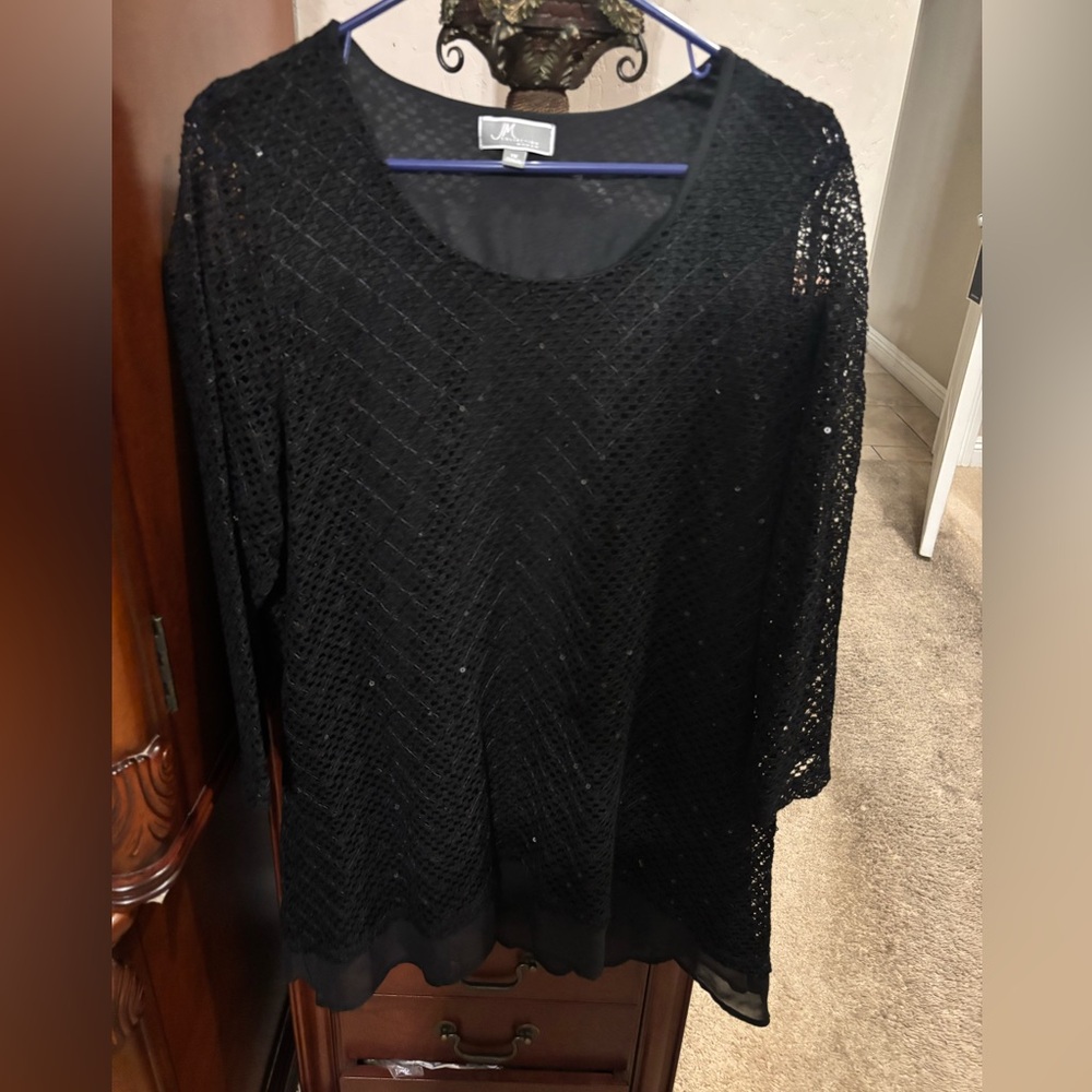 JM Collection Black Sequin Knit Scoop-Neck Top